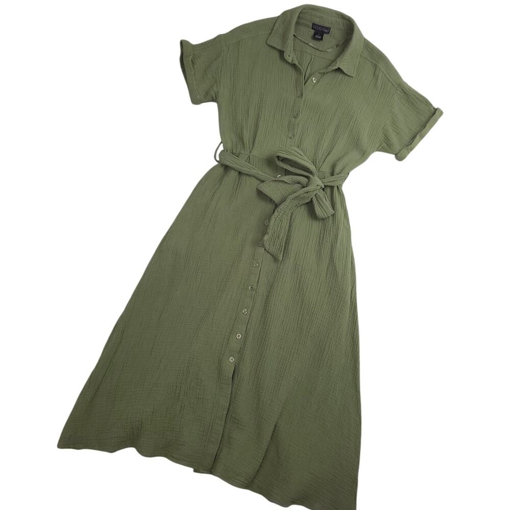 Design365 Womens 100% Cotton Button Front Gauze Midi Dress Sz Medium Olive Green